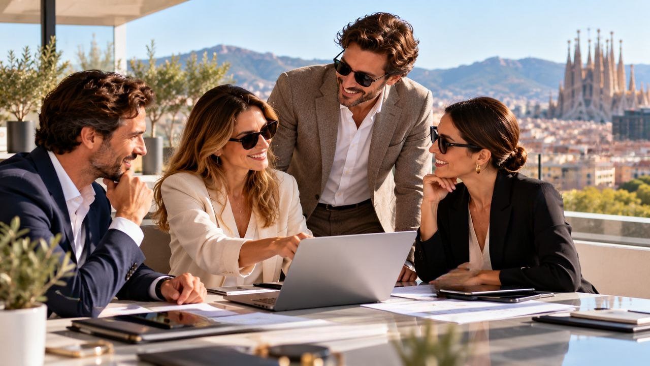 Negocios en España: reunión de trabajo con un portátil en una terraza con vistas a Barcelona