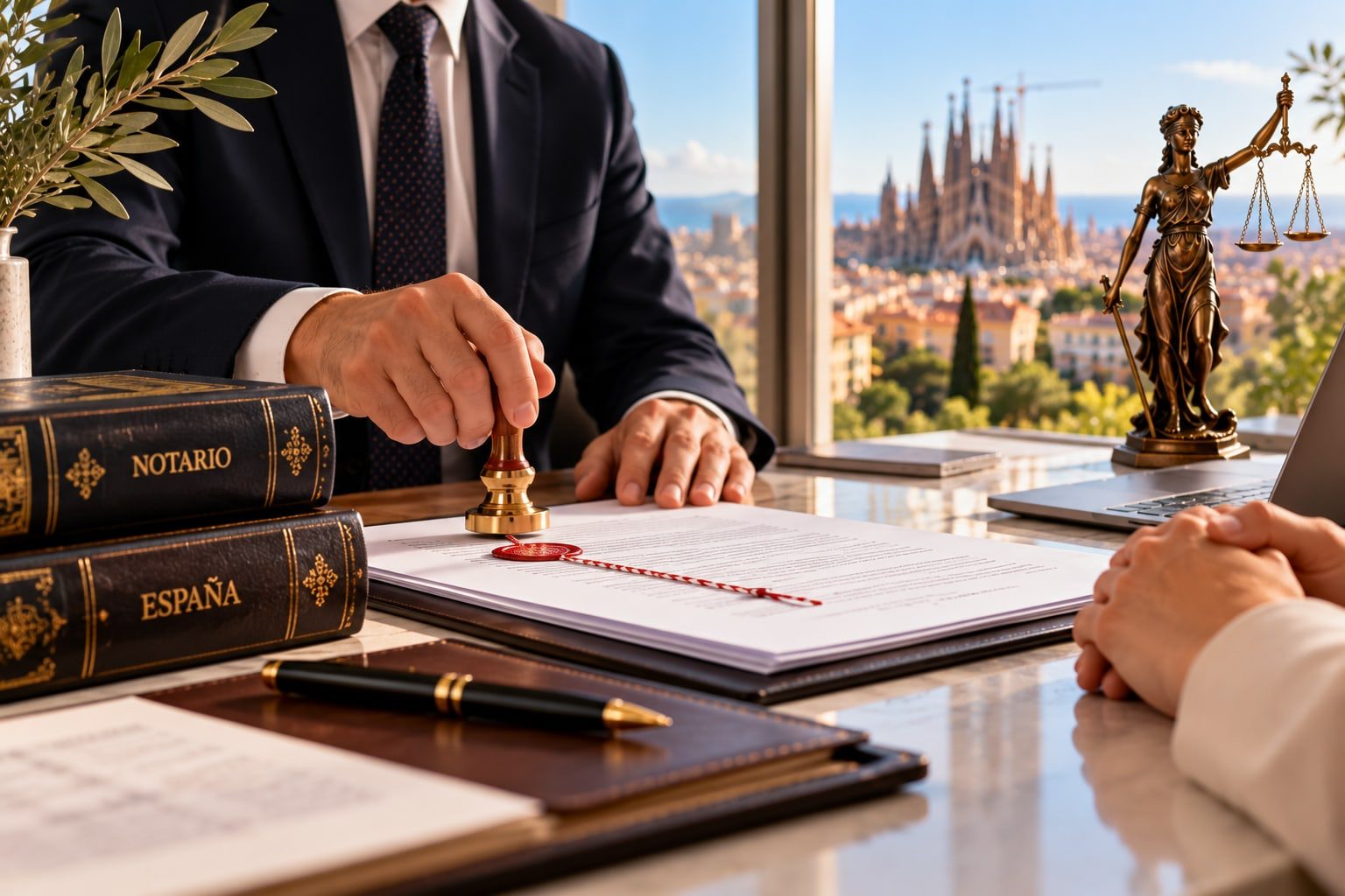 Notarising documents: a seal, a contract and a statue of Justice with Barcelona in the background