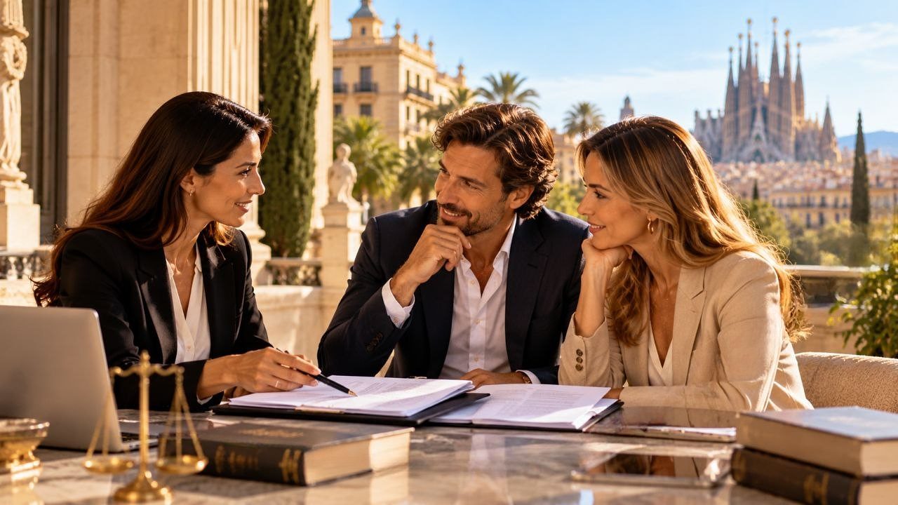 Asesoría jurídica en España: una especialista revisa documentos con una pareja en una terraza con vistas a Barcelona