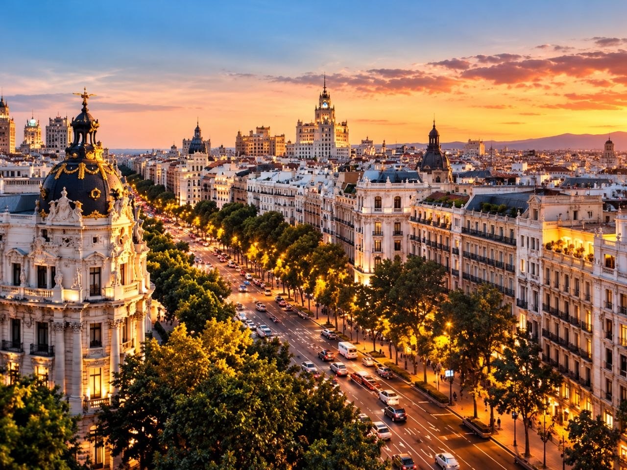 Madrid at sunset: a boulevard and historic buildings in golden light