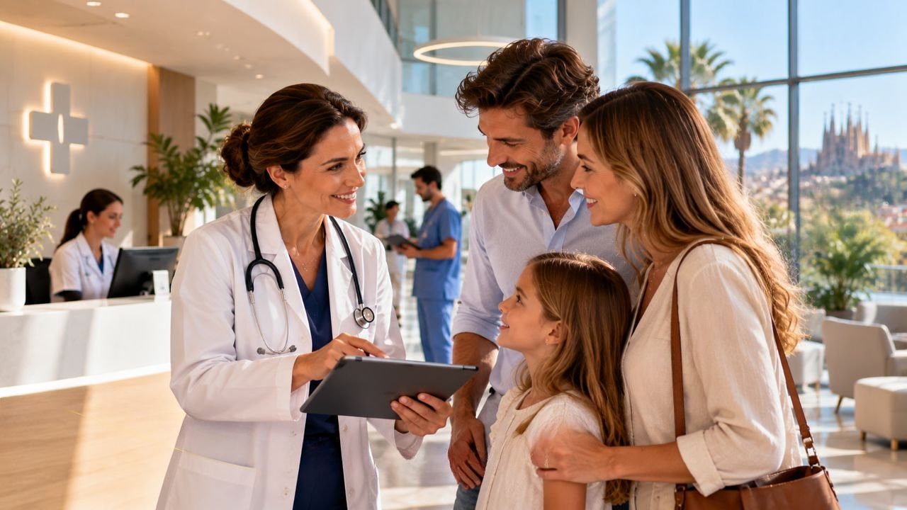 Sanidad en España: una doctora conversa con una familia en una clínica moderna