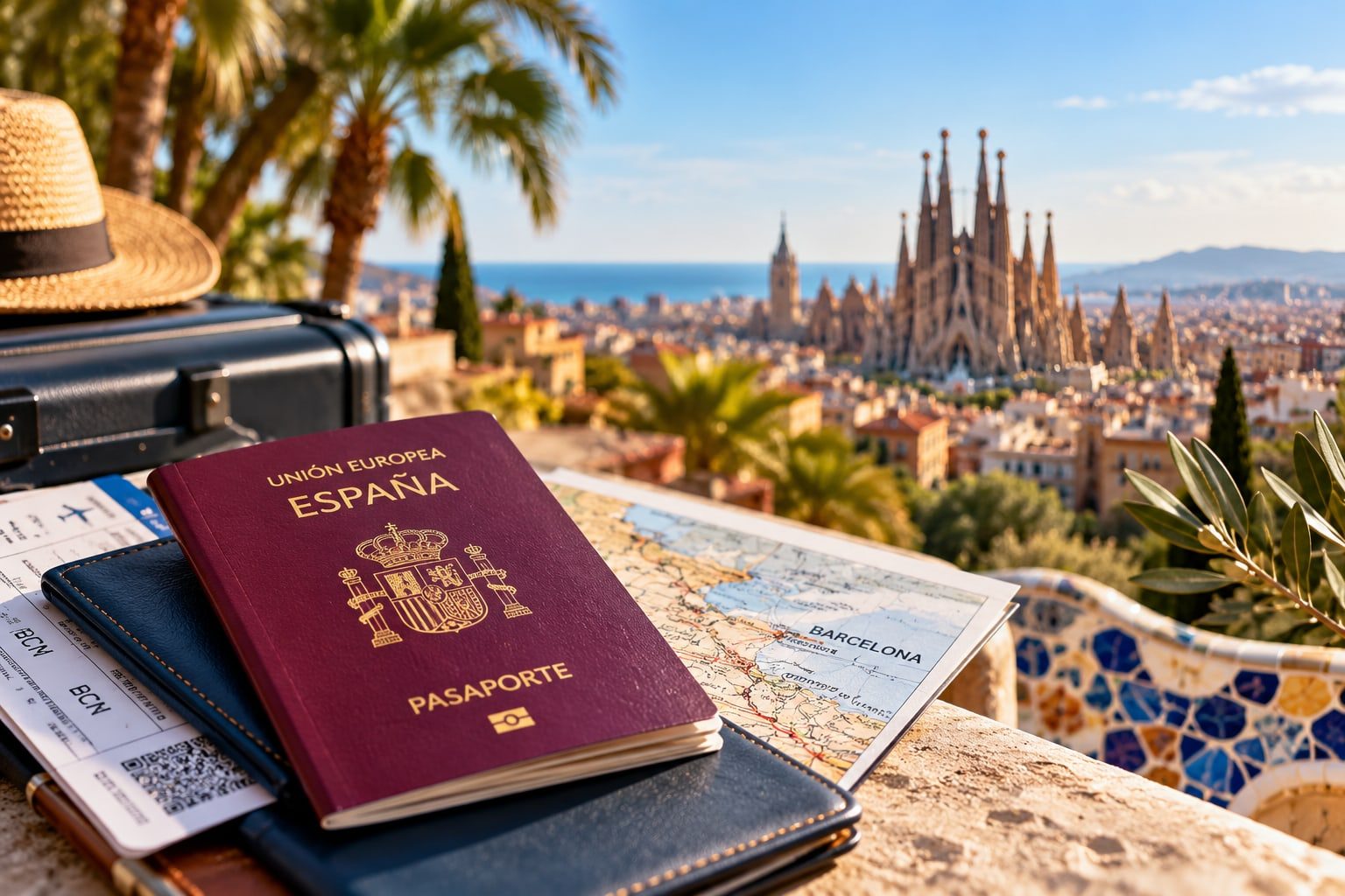A Spanish passport and relocation documents with Barcelona in the background