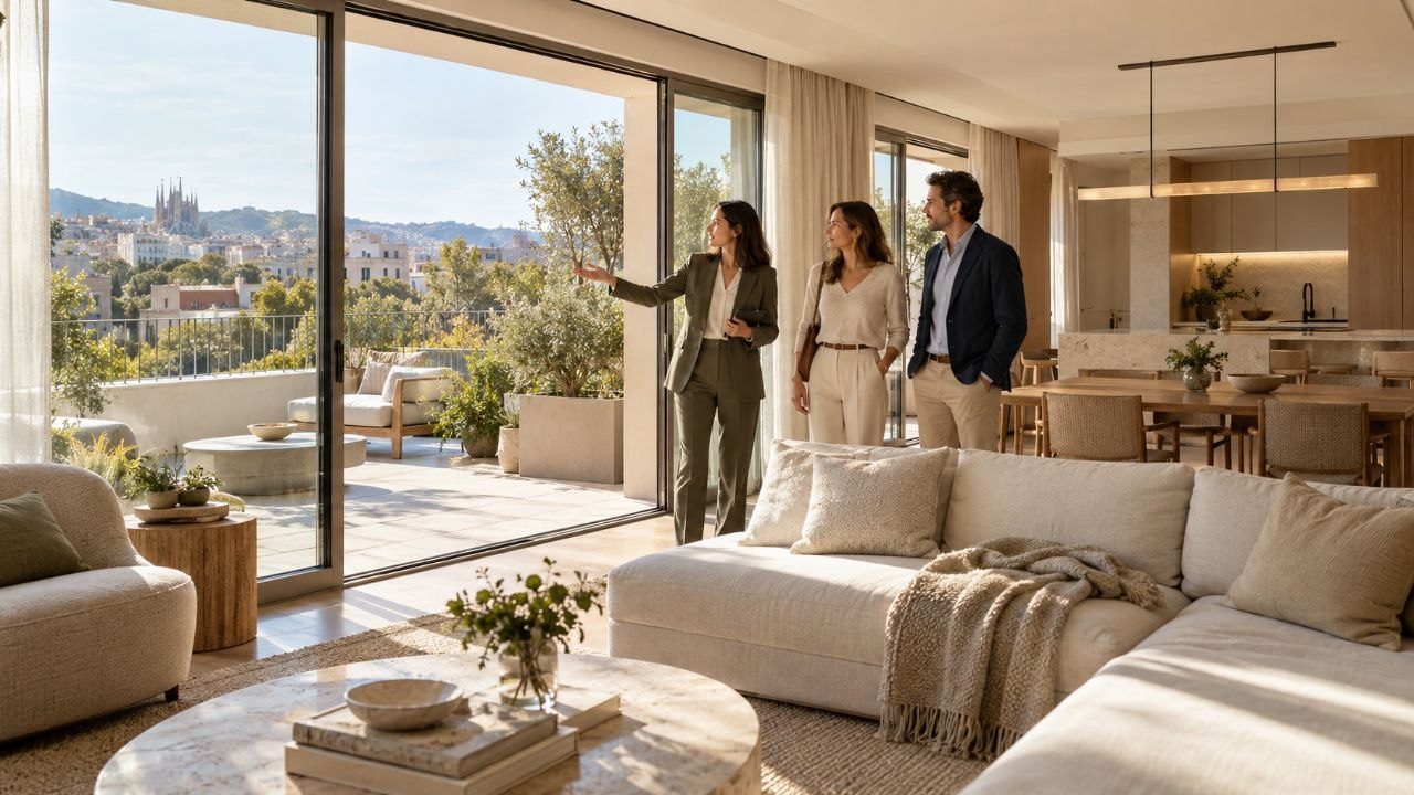 Inmuebles en España: una especialista muestra a una pareja un piso luminoso con vistas a la ciudad